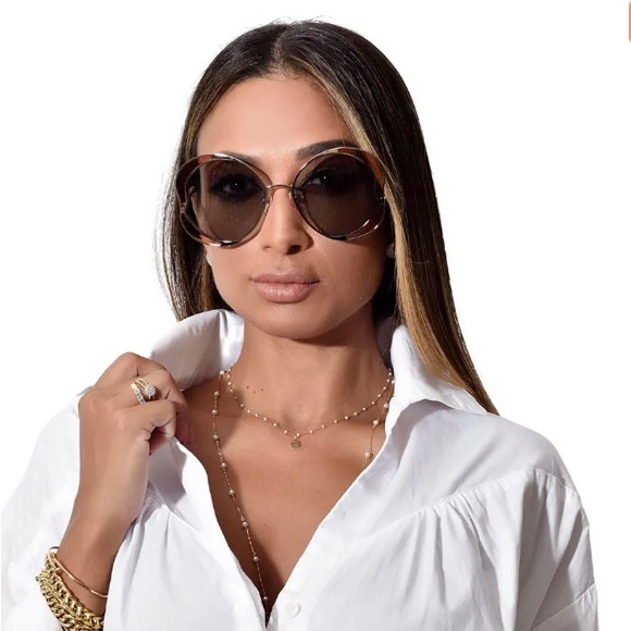 New authentic💯- CHLOE CH0024S 002 Round Gold Pink Grey 60 mm Women's Sunglasses - Picture 4 of 14